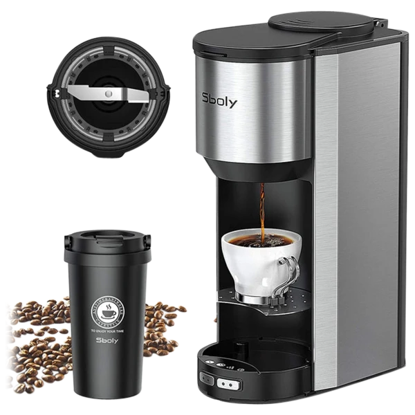 Sboly 3000 2-in-1 Grind and Brew Automatic Single Serve Coffee Maker & 16oz Mug