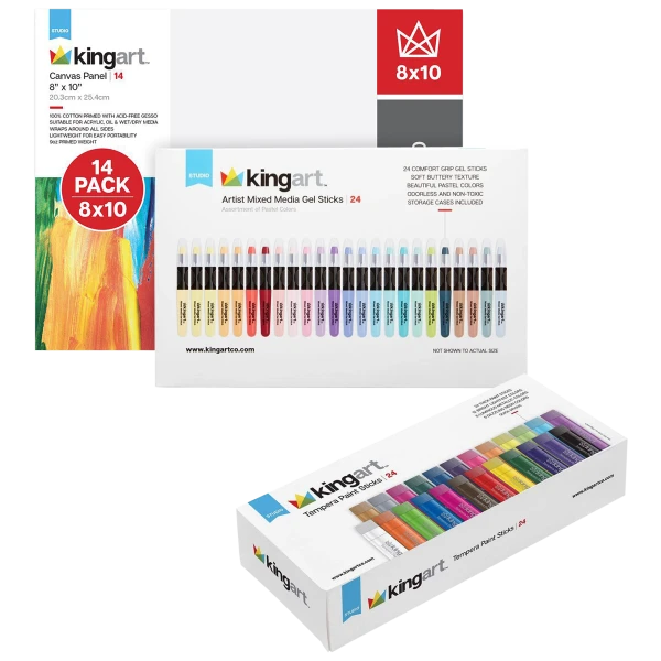 KingArt 62 Piece Tempera Paints + Pastel Gel Sticks + 8"x10" Canvas Panels Set