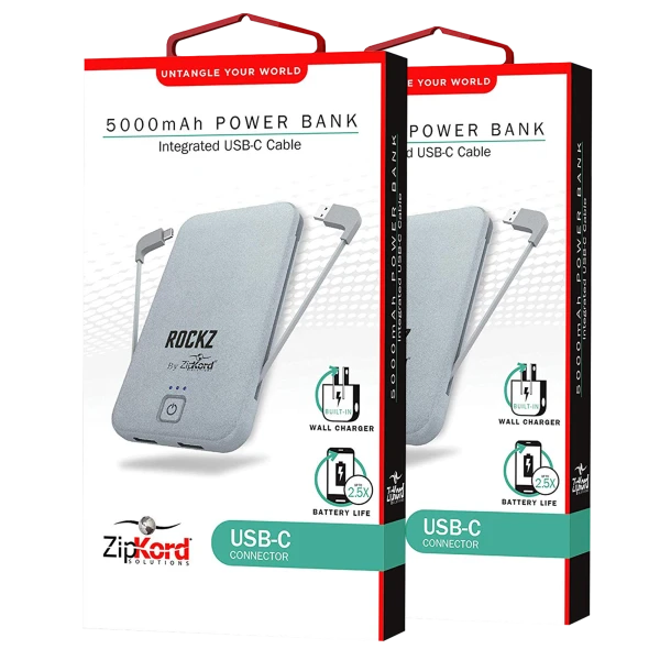 2-Pack: 5000mAh Powerbanks with Integrated USB-C Cable & Wall Plug