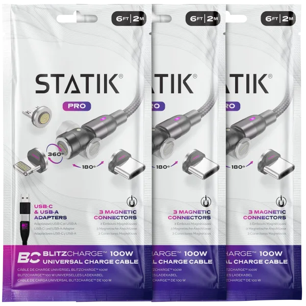 3-Pack: Statik 360 Pro 100W Universal Magnetic Charge Cable (6')