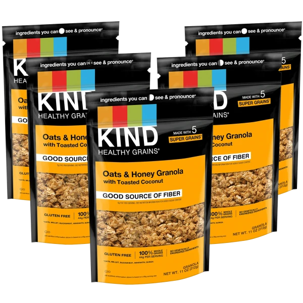 5-Pack: KIND Healthy Grains Oats & Honey Granola with Toasted Coconut (11oz Bag)