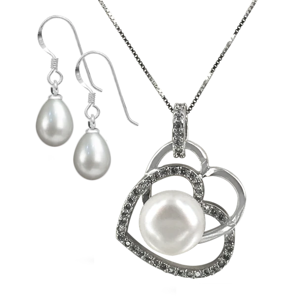 Diamond Encrusted Eternal Heart-Shaped Pearl Pendant And/Or Earrings