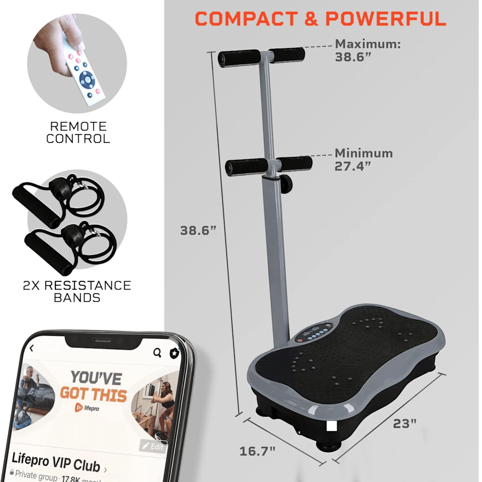 Includes resistance bands and remote control for a more customized routine.