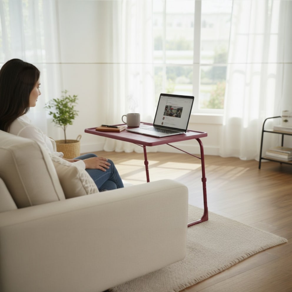 Spacious surface fits laptops meals books and more