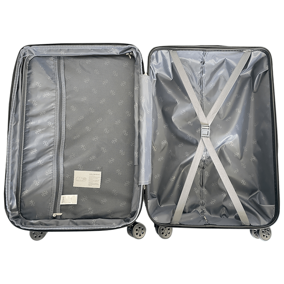 A divider panel with adjustable elastic cross-straps to hold your belongings, and a zippered compartment on the opposite side