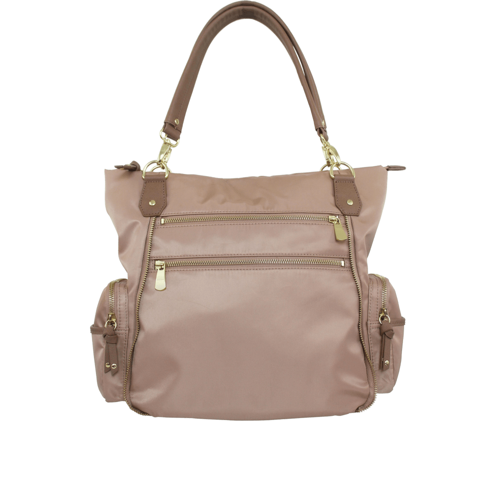 Gold-tone hardware and vegan leather handles on the outside