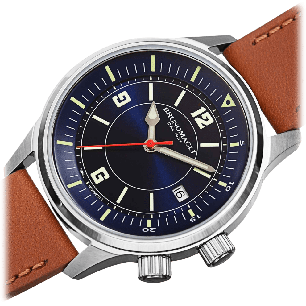 Silver Case w/ Blue Dial on Tan Brown Strap