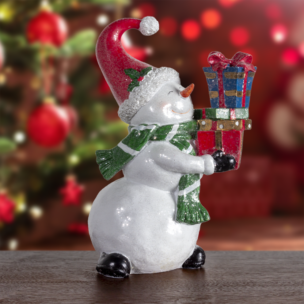 Valerie Parr Hill 12" Snowman Figure in Santa Hat Holding Gifts