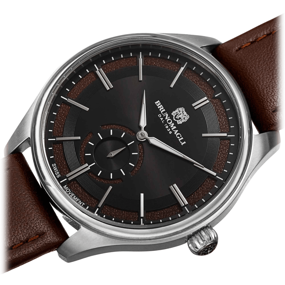Silver Tone, Black Dial w/ Brown Inlay, and Brown Strap