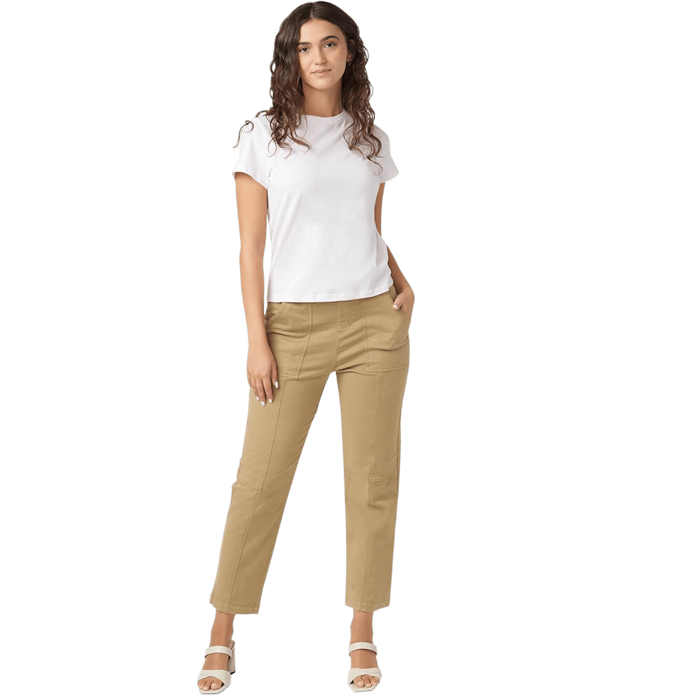 Straight-leg silhouette and flat front create a clean, versatile look.