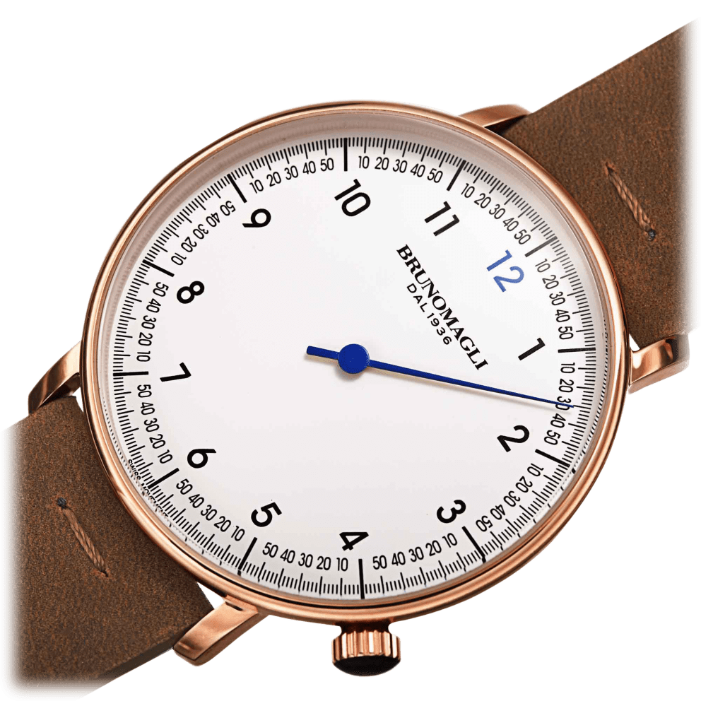 Rose Gold Case w/ Blue Hand on Camel Brown Strap