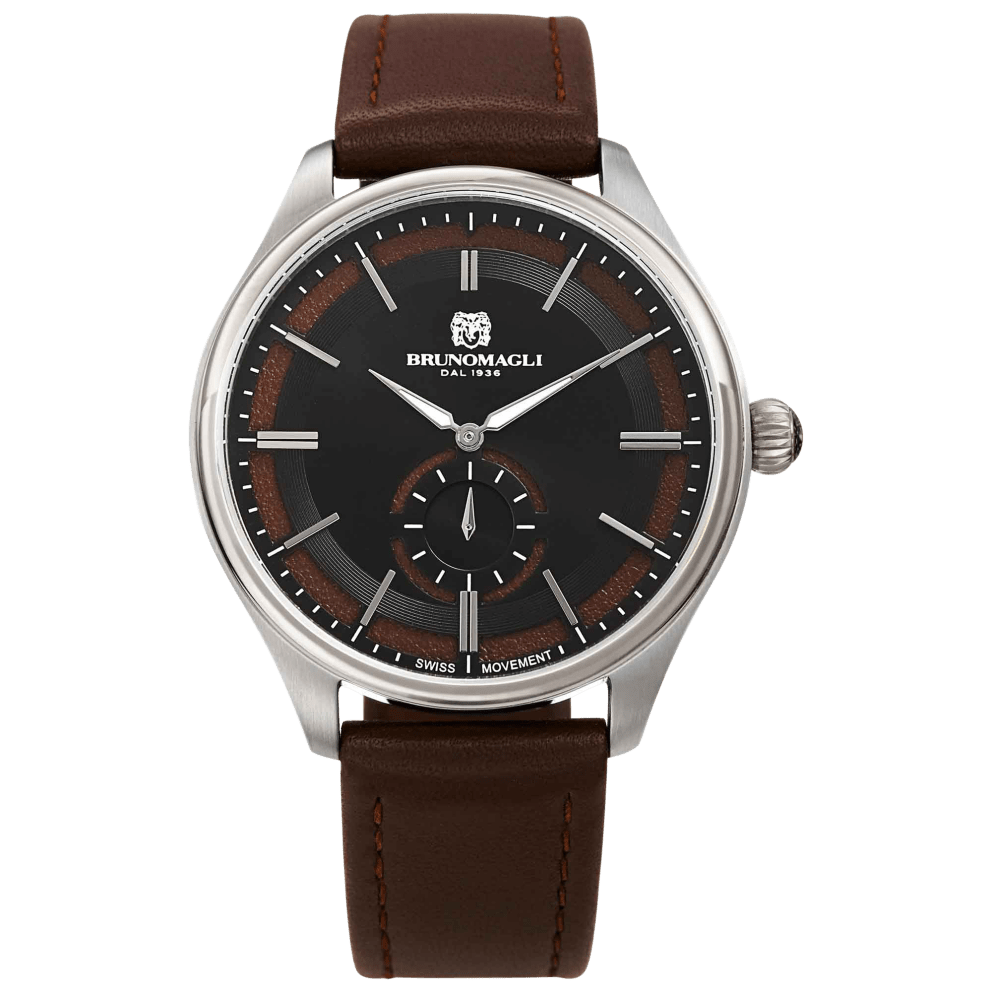 Silver Tone, Black Dial w/ Brown Inlay, and Brown Strap