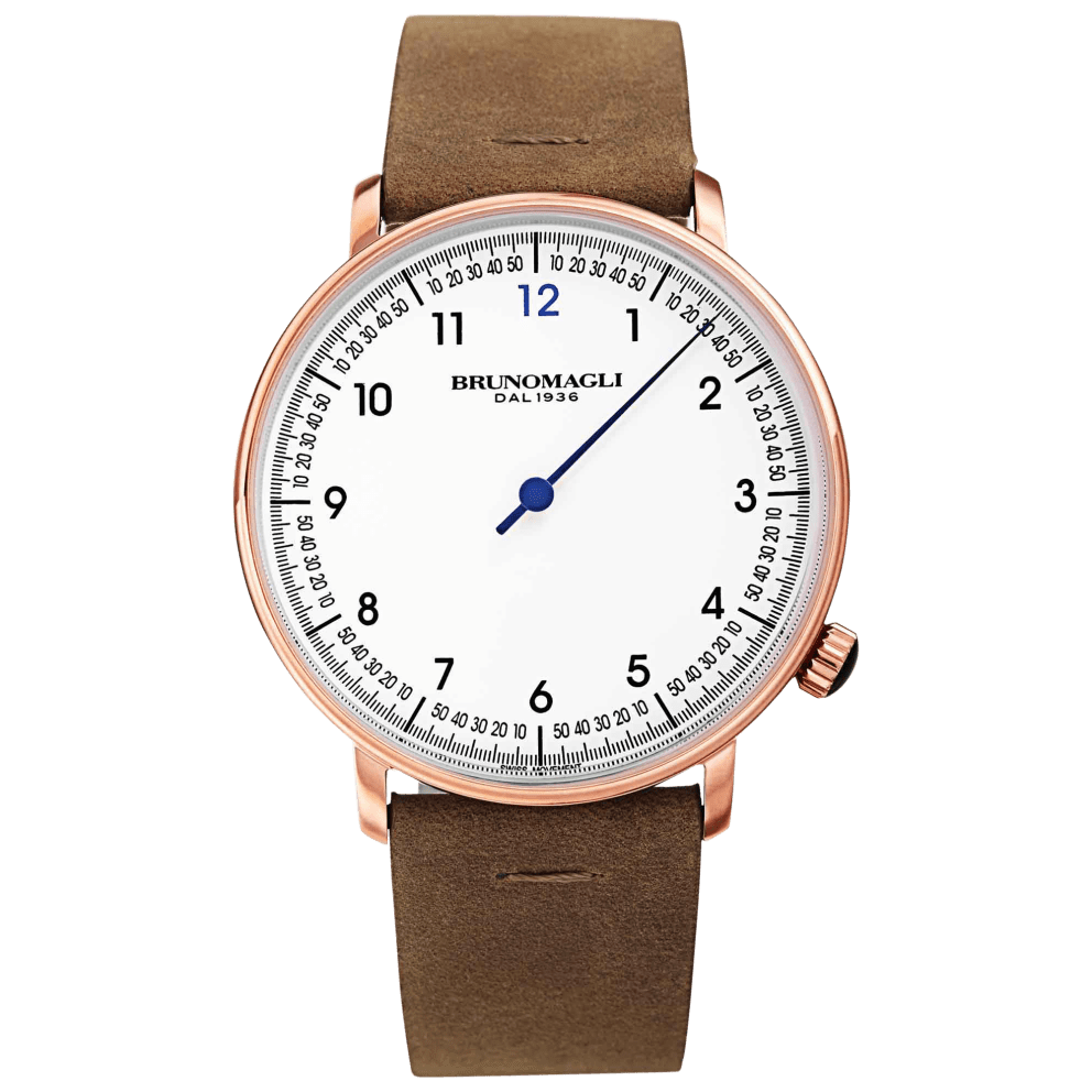 Rose Gold Case w/ Blue Hand on Camel Brown Strap