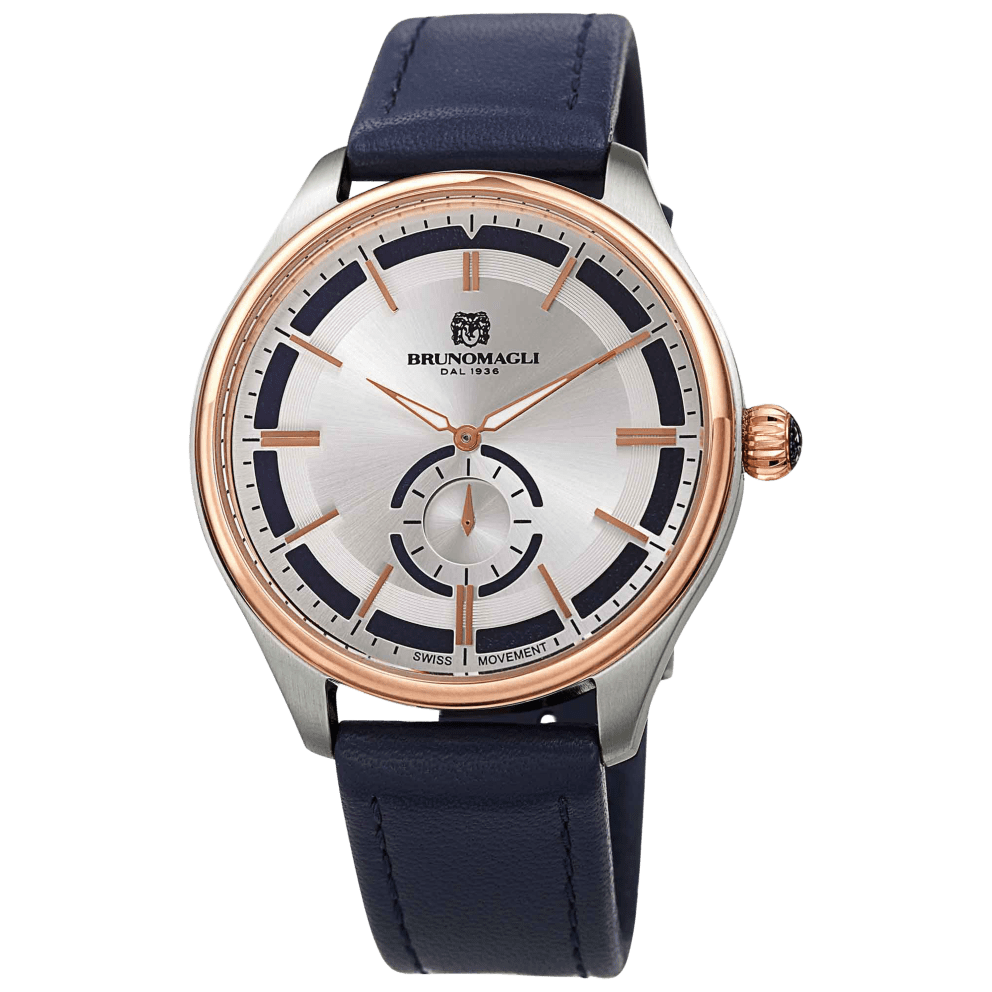 Two-Tone Silver and Rose Gold, Silver Dial w/ Blue Inlay, and Blue Strap