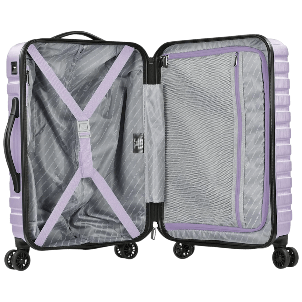 Zippered divider and mesh pocket simplify organized packing.