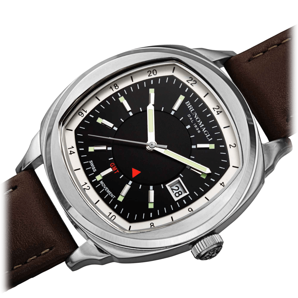 Silver Case w/ Black Dial on Brown Strap