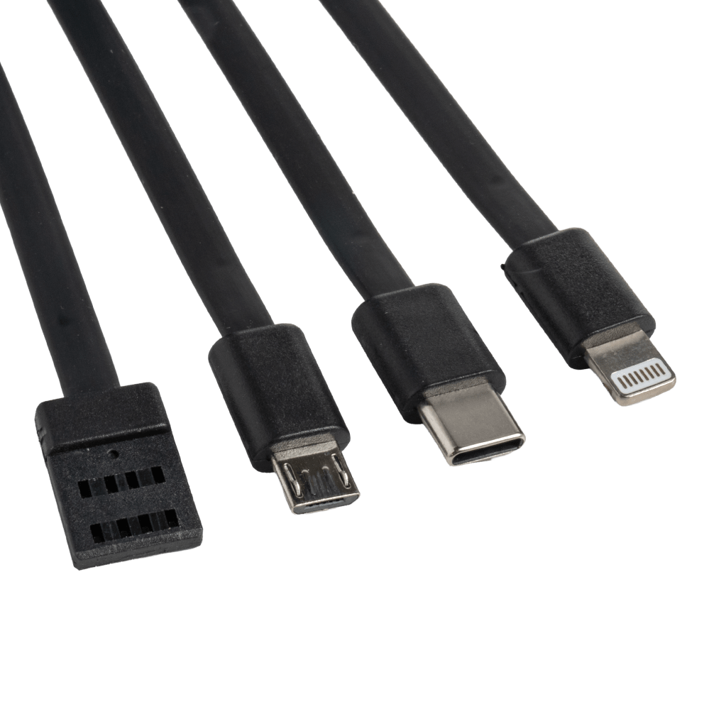 Includes integrated USB-A, MicroUSB, USB-C and Lighting cables