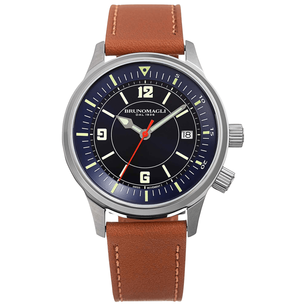Silver Case w/ Blue Dial on Tan Brown Strap