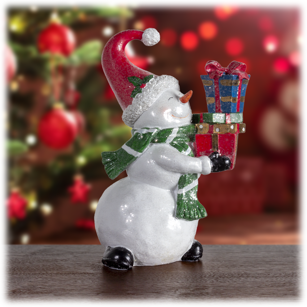 Valerie Parr Hill 12" Snowman Figure in Santa Hat Holding Gifts