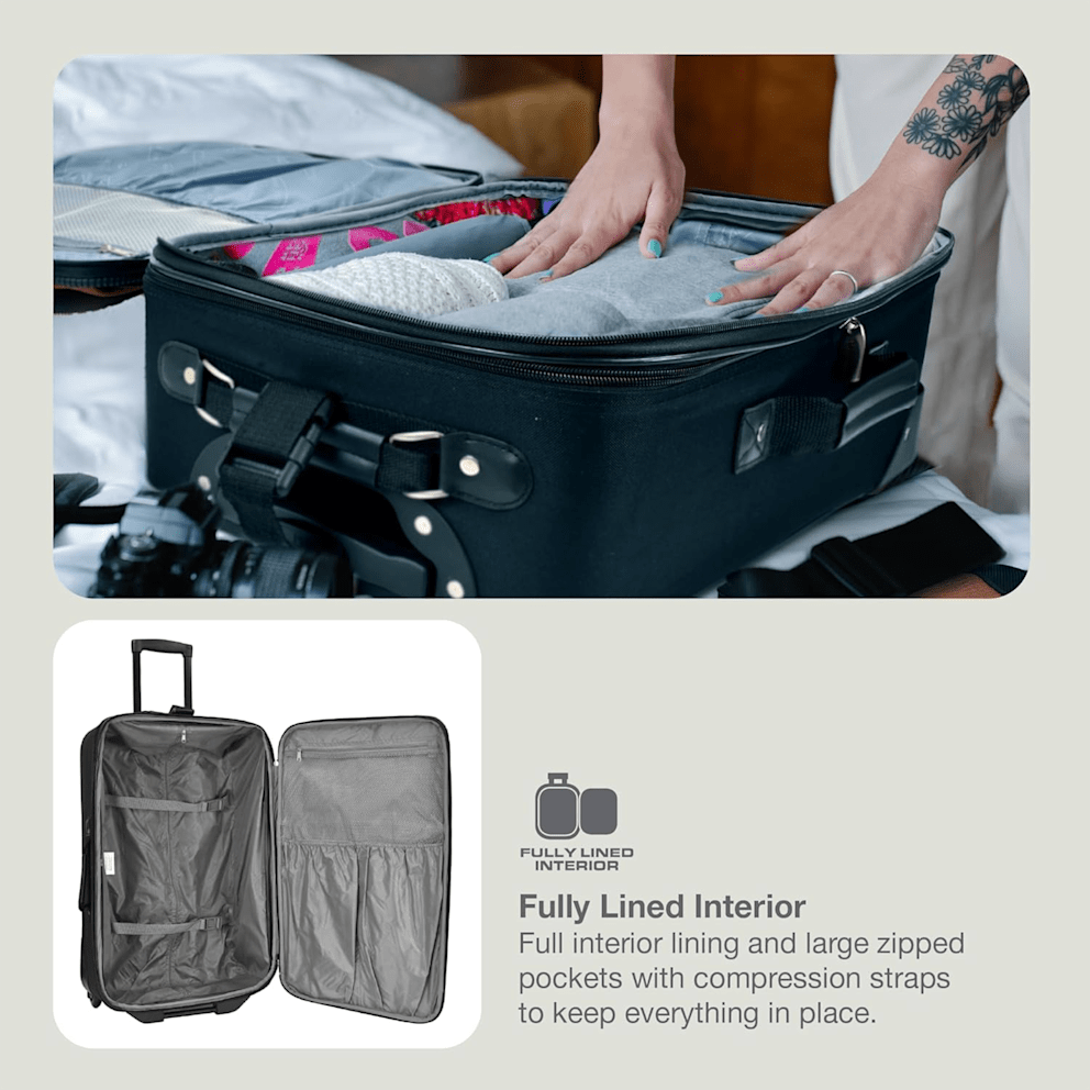 Spacious lined interior keeps clothing and essentials neatly organized.