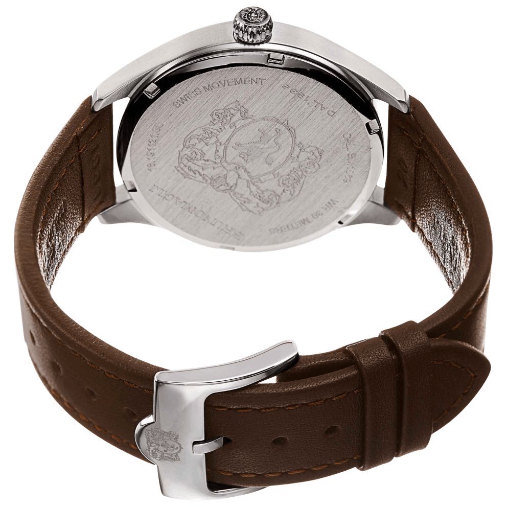 Silver Tone, Black Dial w/ Brown Inlay, and Brown Strap