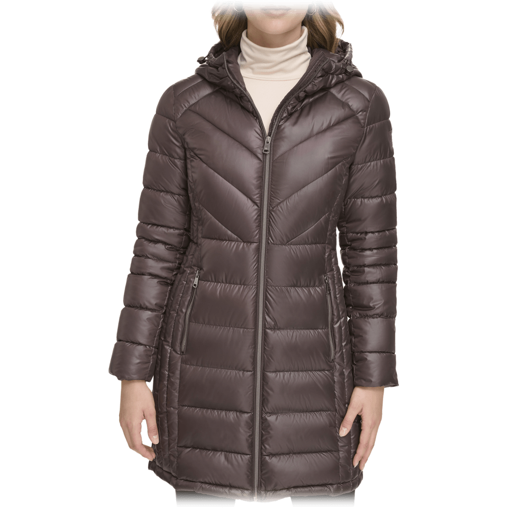 Kenneth Cole Women's Ruched Quilted Hooded Puffer Jacket - 3/4 Length Packable Coat
