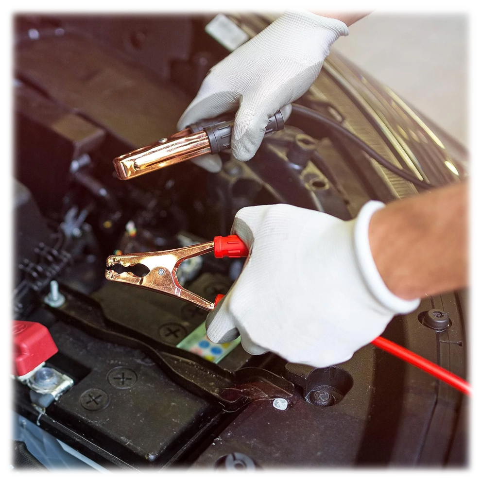 Includes 8-foot jumper cables with secure locking clamps