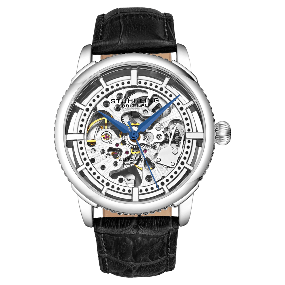 SideDeal Stuhrling Men s Skeleton Watch with Silver Case and Black Leather Strap