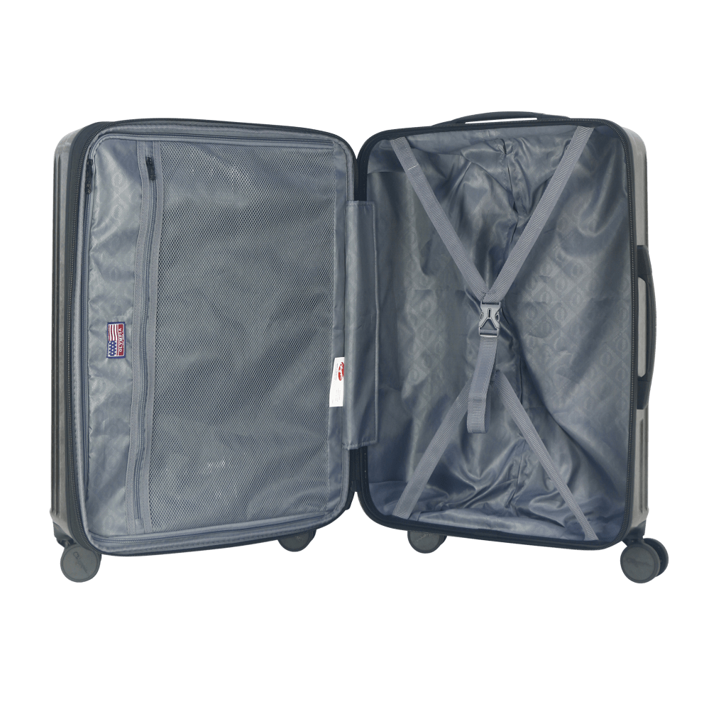 Inside divider and buckle tie-belt straps keep items secure