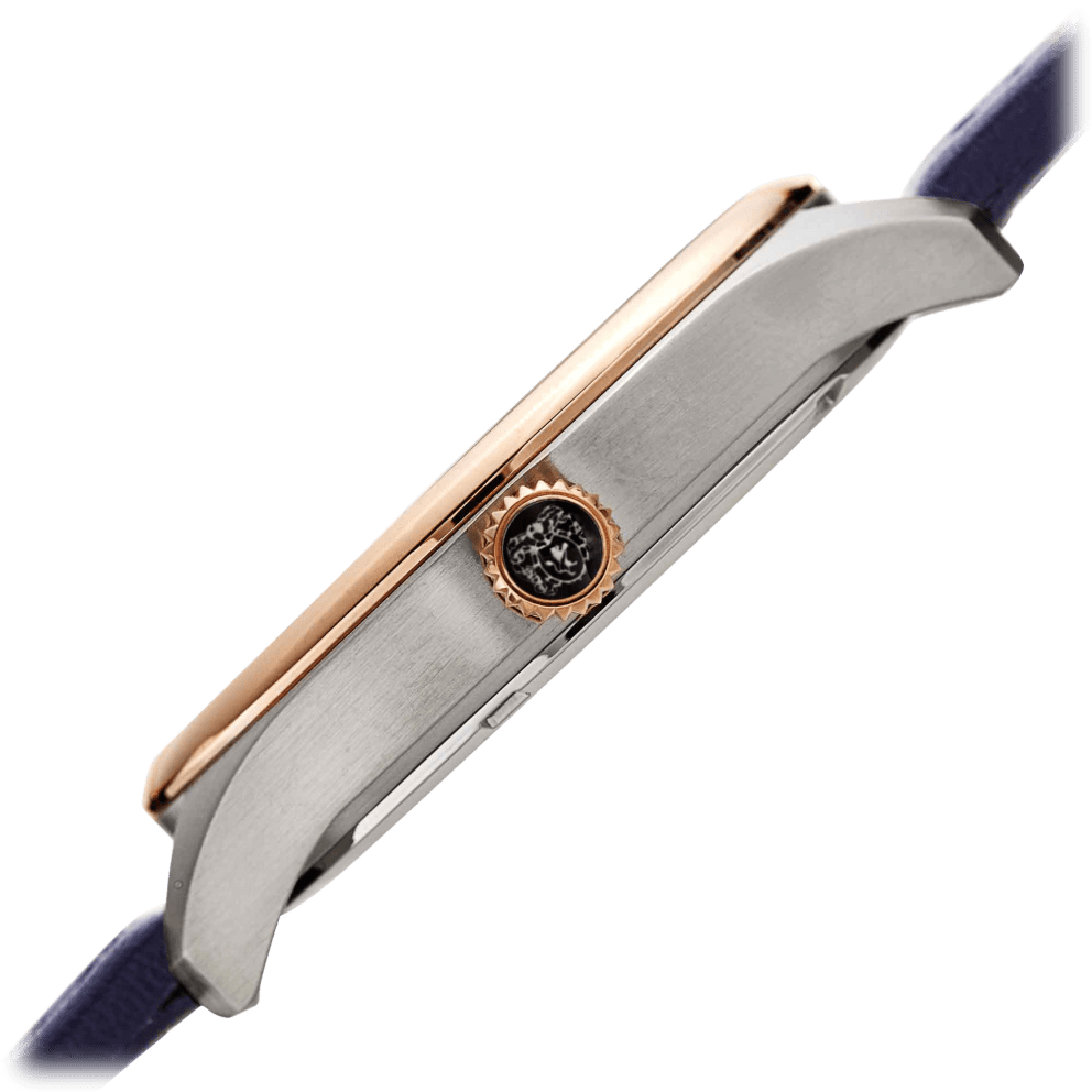 Two-Tone Silver and Rose Gold, Silver Dial w/ Blue Inlay, and Blue Strap