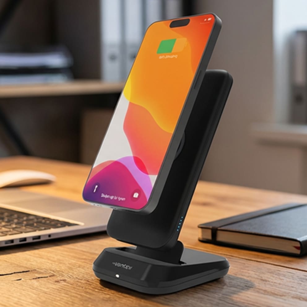 Stand it up on your desk or nightstand for easy, cord-friendly charging at home