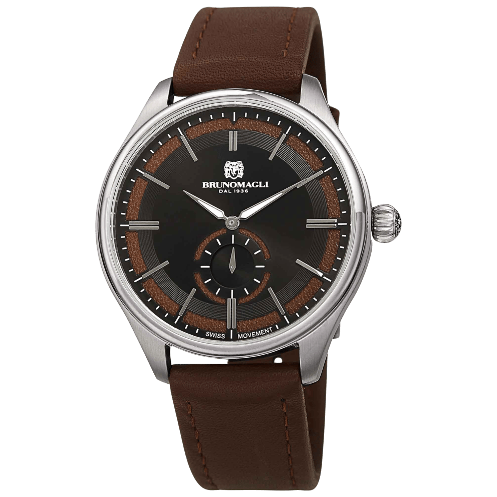 Silver Tone, Black Dial w/ Brown Inlay, and Brown Strap