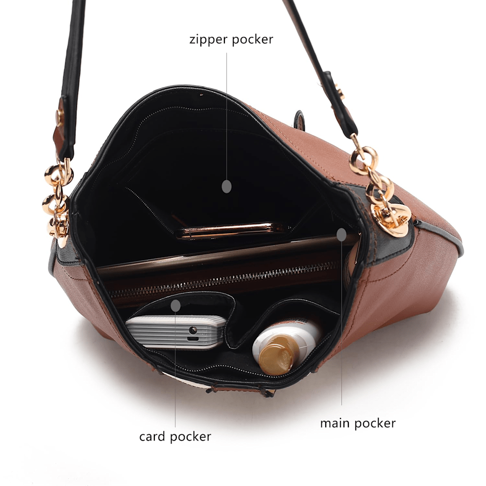 Interior includes one wall zip pocket and two slip pockets