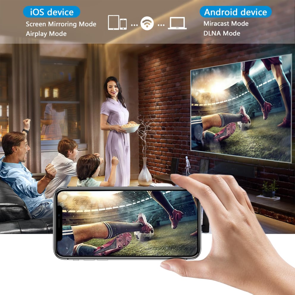 Wi-Fi connection works with Screen Mirroring & Airplay mode on Apple and Android devices