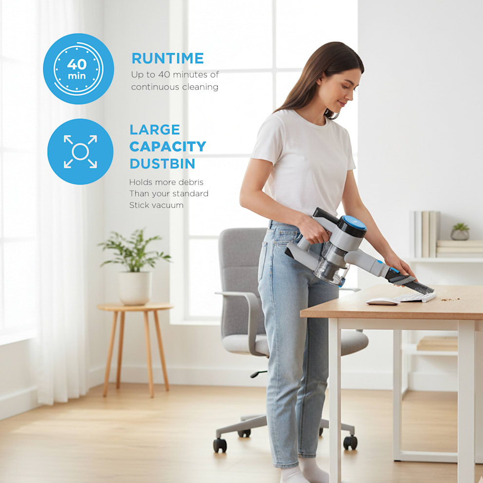 Up to 40 minutes of cordless cleaning with a roomy dustbin.