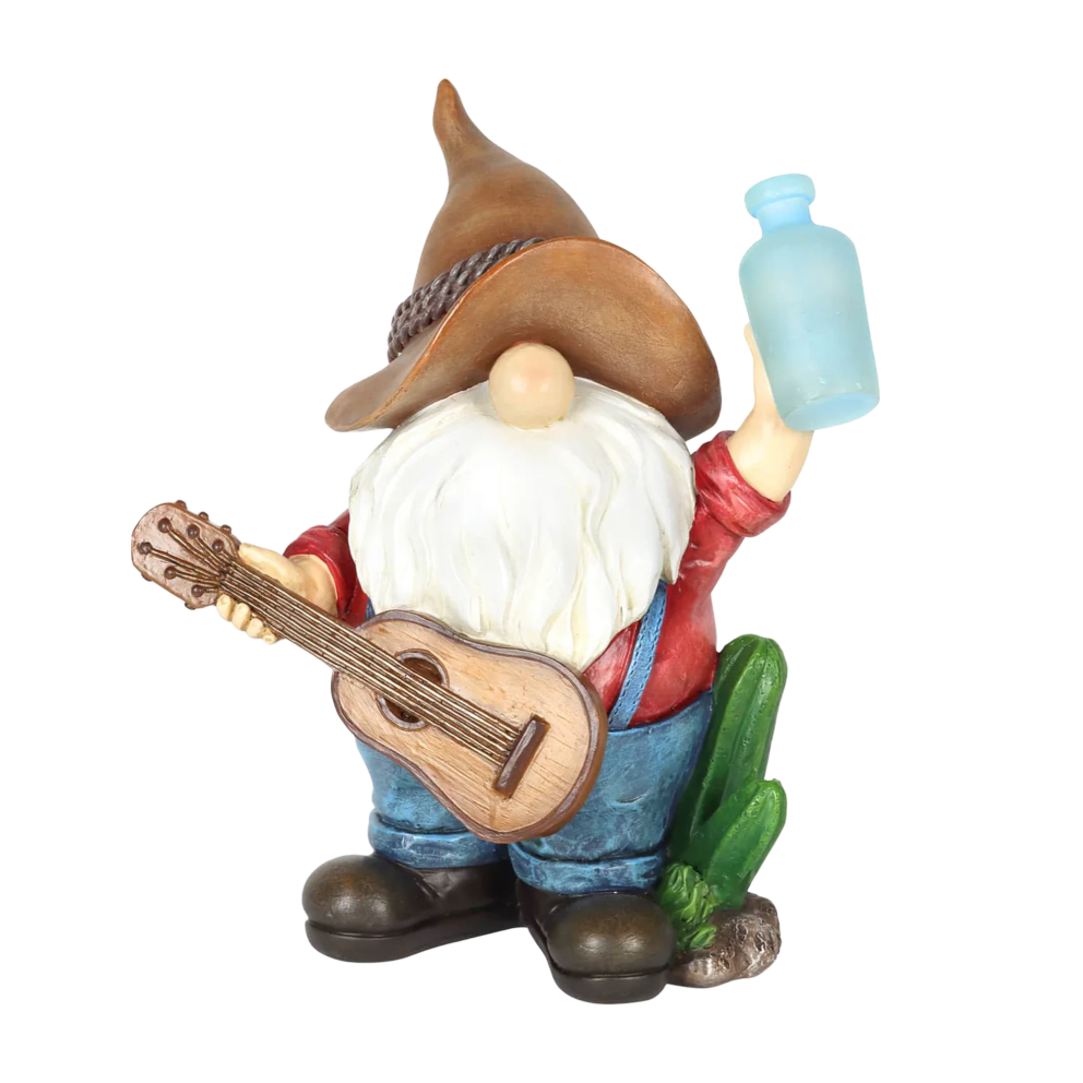 Solar Cowboy Gnome Statue with Guitar and Glowing Bottle