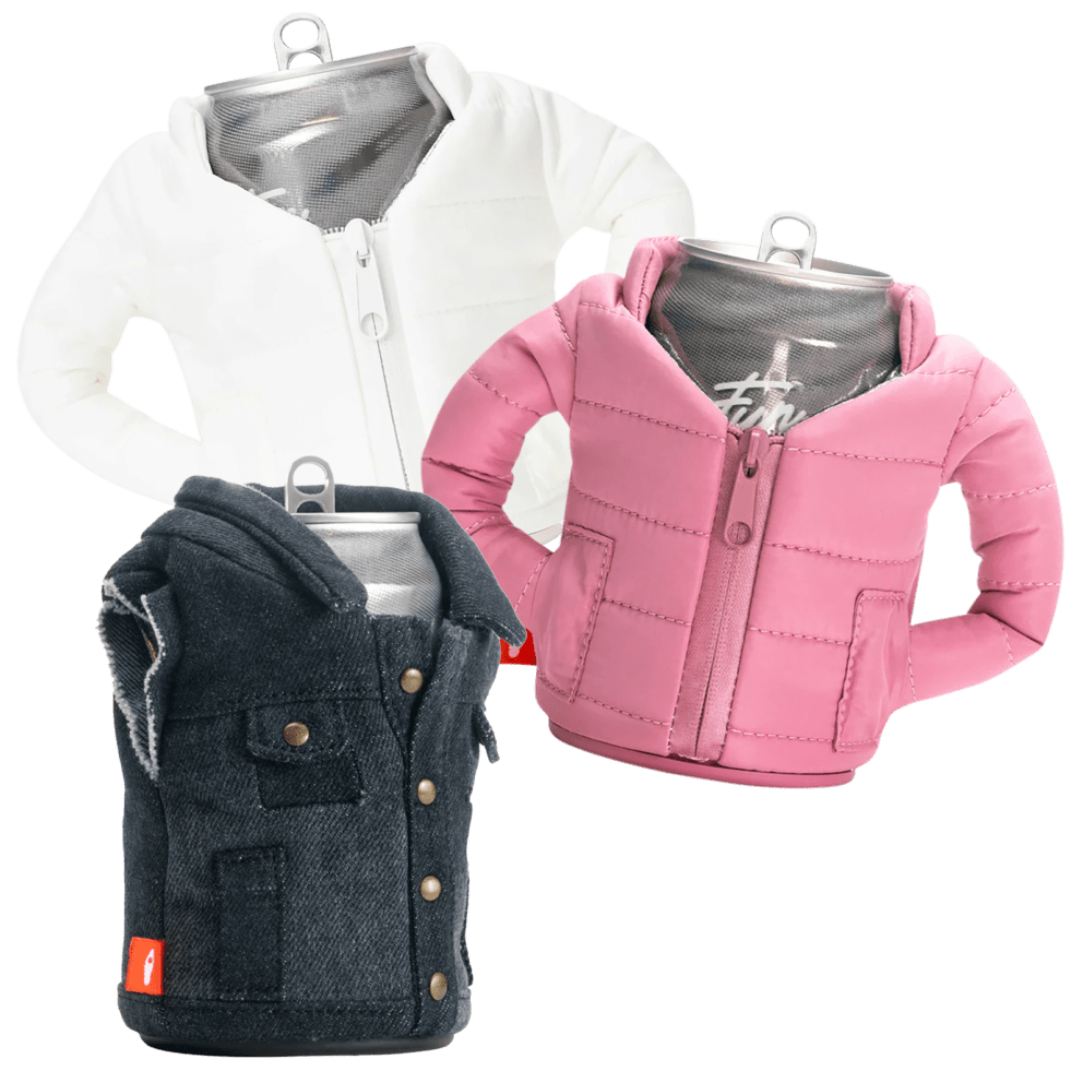 Pewter Denim Vest / Sandy White Puffy Jacket / Dusty Rose Puffy Jacket