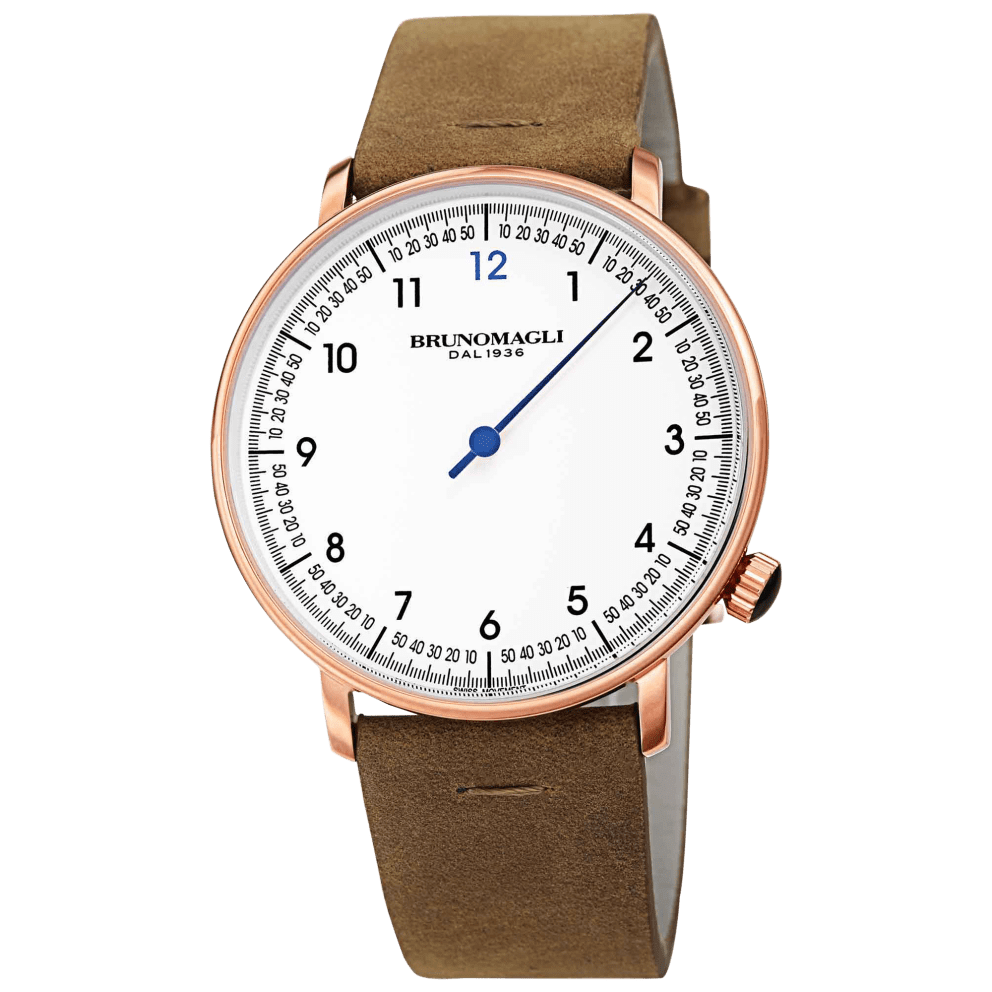 Rose Gold Case w/ Blue Hand on Camel Brown Strap