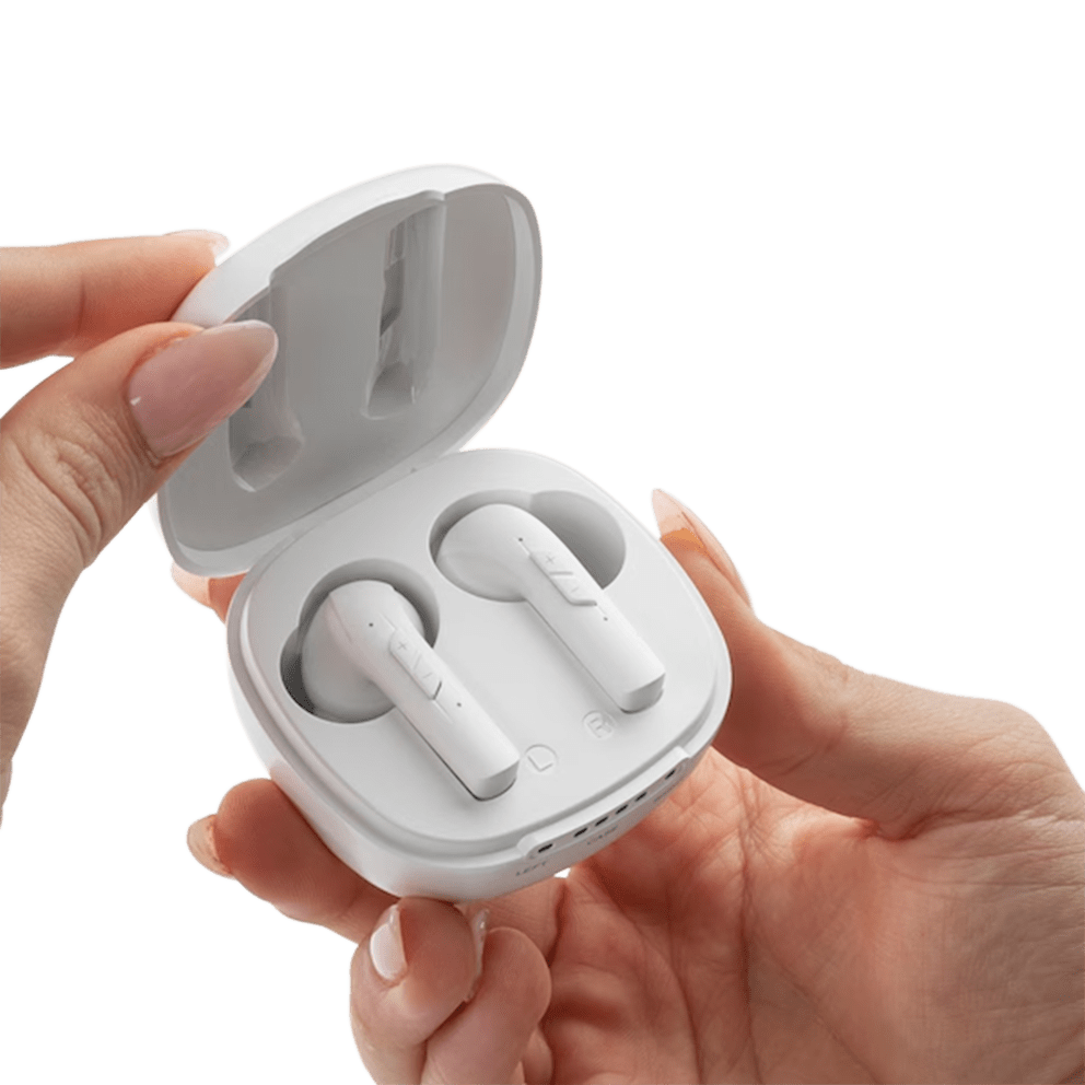 Rechargeable wireless hearing aids with a sleek charging case for easy everyday use.