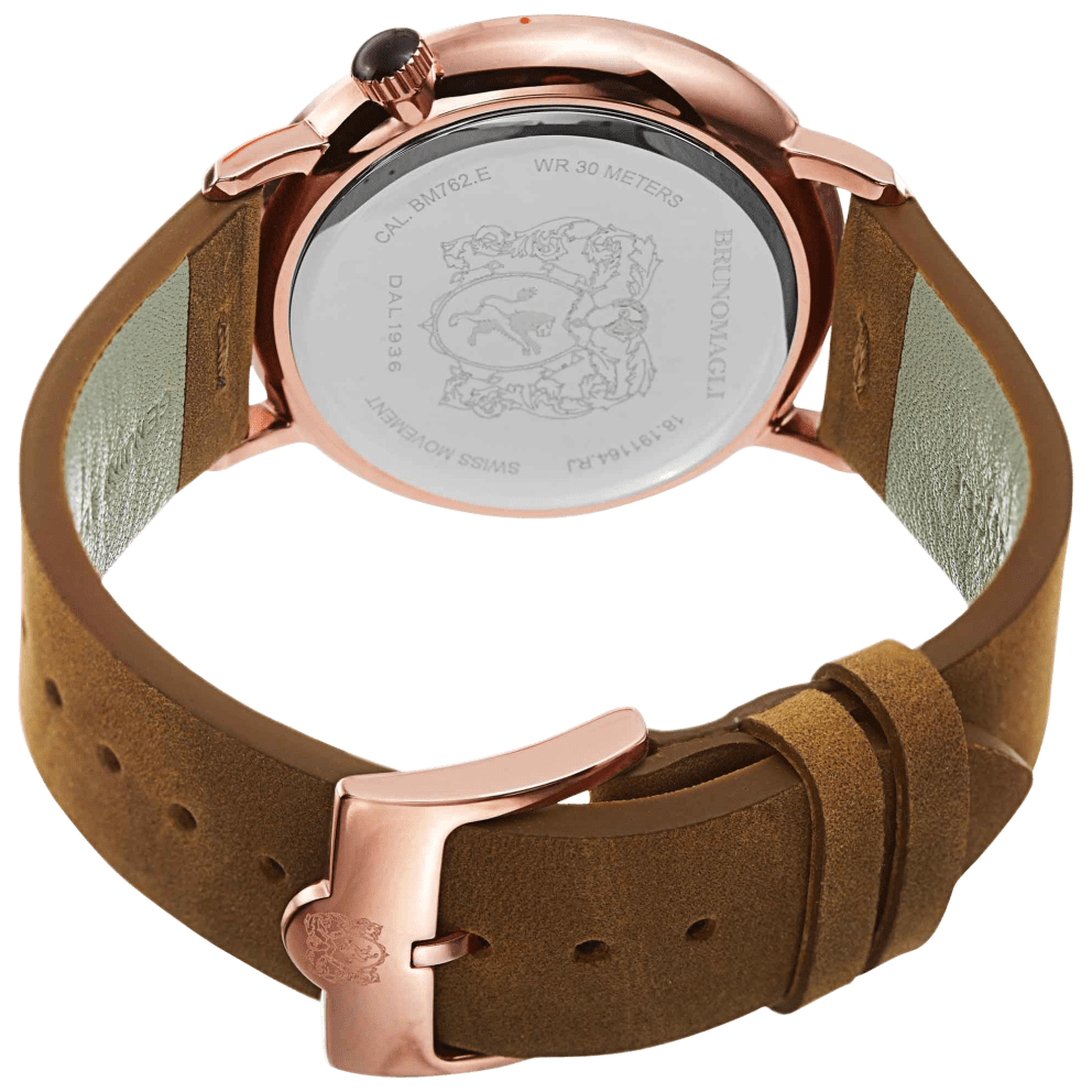 Rose Gold Case w/ Blue Hand on Camel Brown Strap