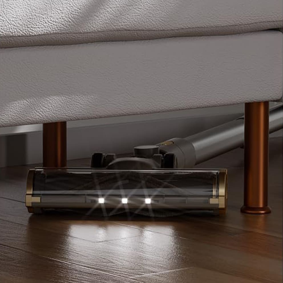 3 LED lights and a 180° flat brush head to clean under beds and sofas