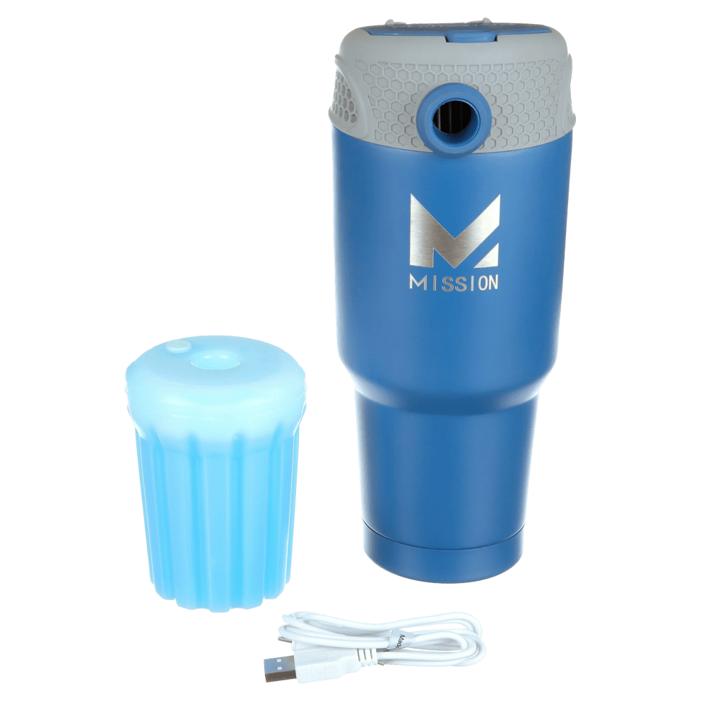 Compact personal air cooler with reusable ice pack for extended, on the go cooling