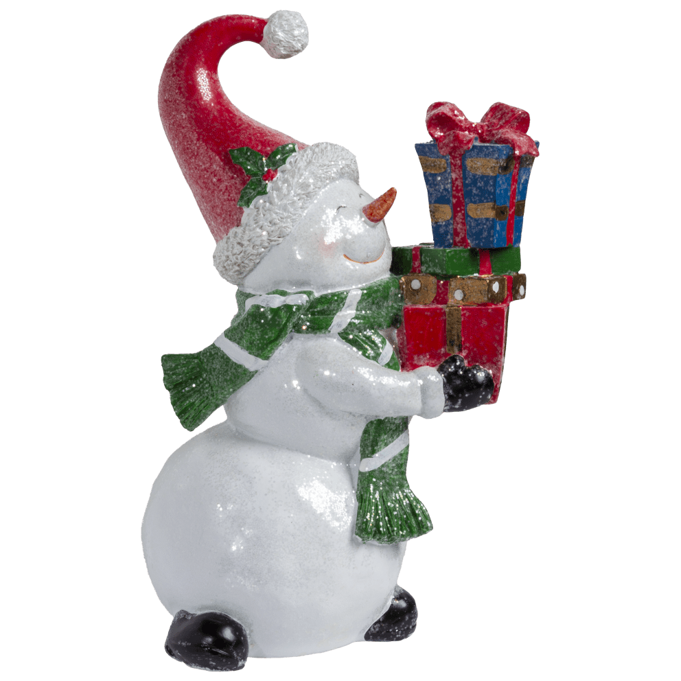 Valerie Parr Hill 12" Snowman Figure in Santa Hat Holding Gifts