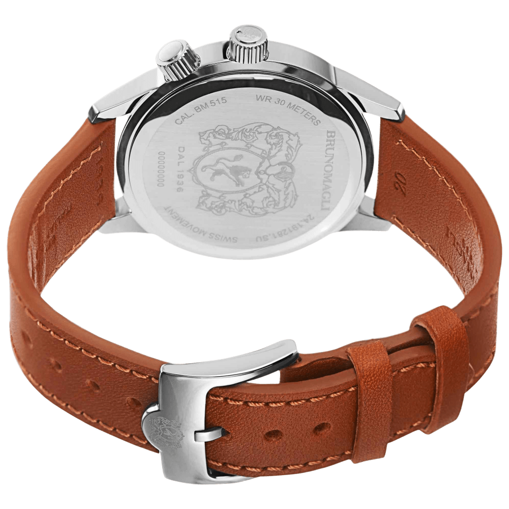 Silver Case w/ Blue Dial on Tan Brown Strap
