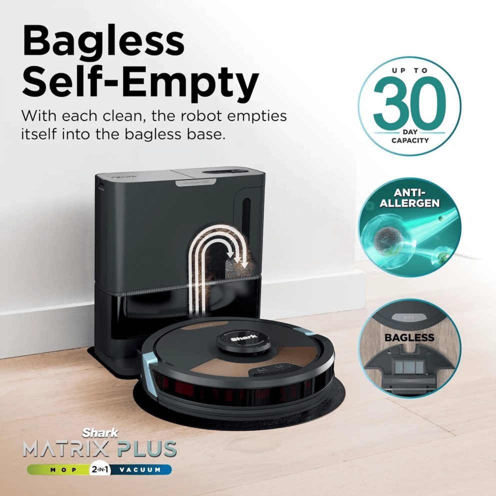 Bagless self empty base stores debris for up to 30 days of hands free cleaning.