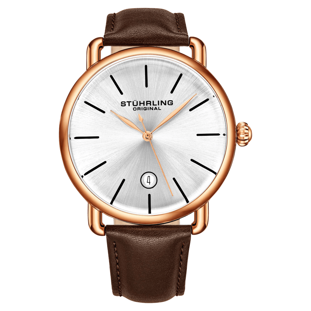 Rose Gold Case with Silver Dial and Brown Strap