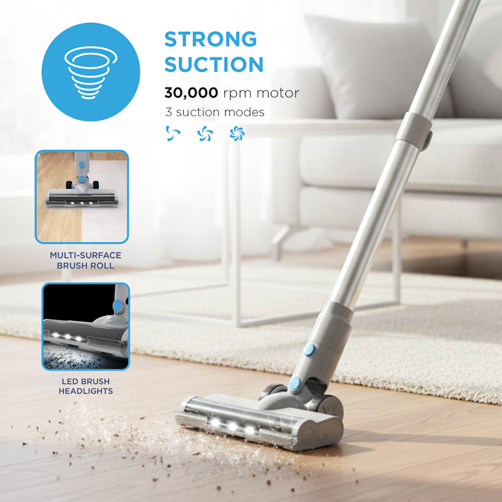 Three suction modes tackle everything from dust to stubborn debris.
