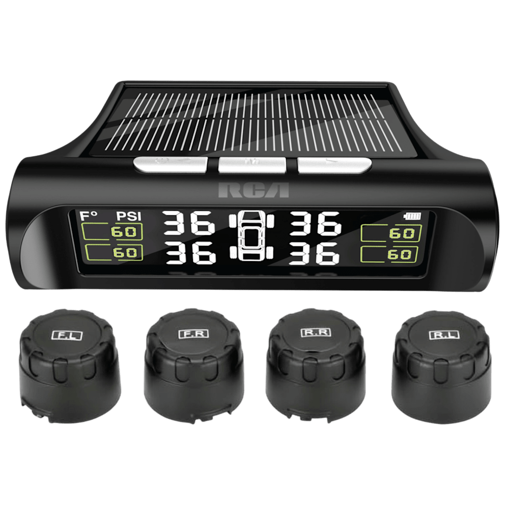 Real time tire pressure monitoring tracks each tire and displays reading.