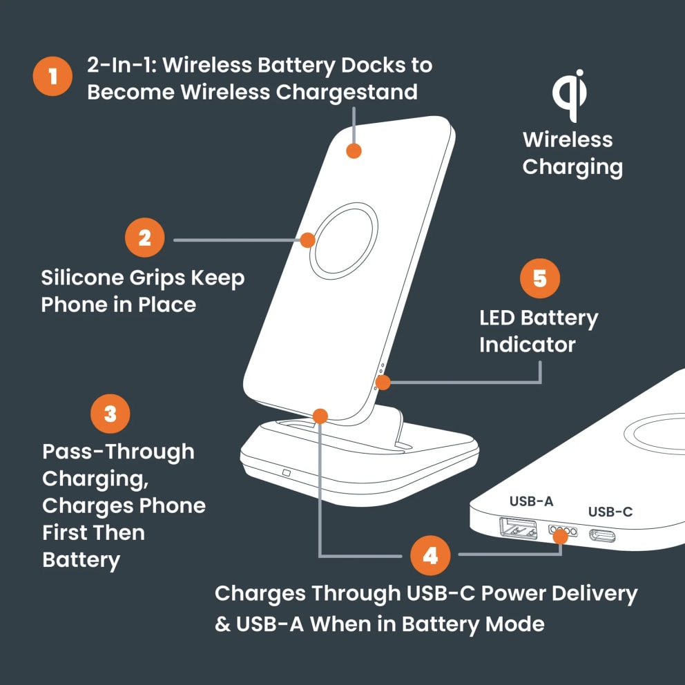 2-in-1 design works as a charging stand and a portable battery for added convenience