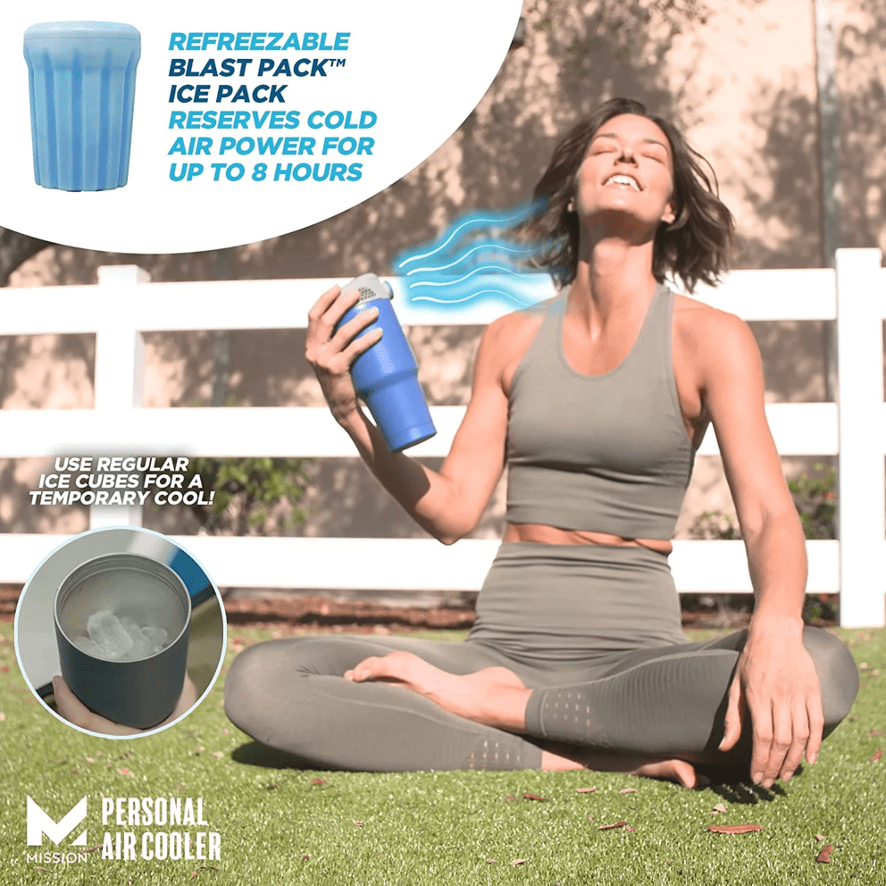 Stay cool longer with a refreezable blast pack that delivers refreshing airflow for up to 8 hours